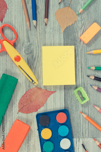 Colorful school supplies for learning. Development of creativity and back to school