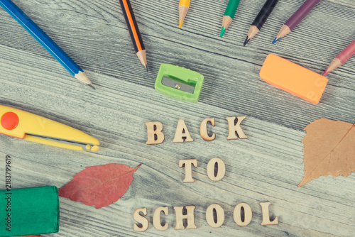 Stationery accessories and other supplies used at school. Back to school. Development of creativity and kids motor skills