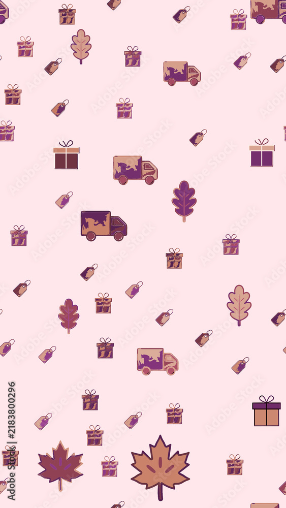 Fototapeta premium Pattern of delivery trucks, gifts, tags, and leaves