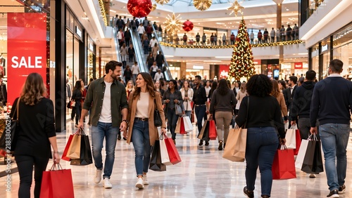 A bustling shopping mall during the holiday season, with many people carrying shopping bags and decorated Christmas trees