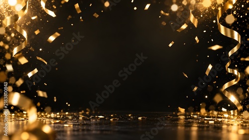 Golden confetti and streamers raining down on a dark background, creating a festive and celebratory atmosphere