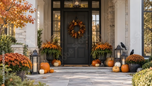A welcoming front porch decorated with pumpkins, fall foliage, and lanterns for the autumn season. The dark front door is adorned with a wreath made of leaves, exuding a warm and festive atmosphere