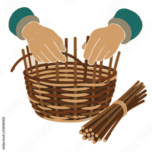 Wicker basket weaving hands traditional craft vector illustration