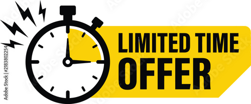 Limited time offer icon with a stopwatch and lightning bolt symbols, urgent sale promotion badge for marketing and business campaigns