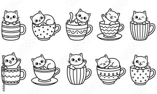 Cats in Cups Naive Style Vector Set Illustration 