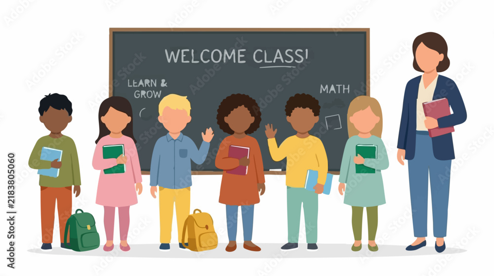 Obraz premium Diverse group of elementary school children and teacher in a classroom