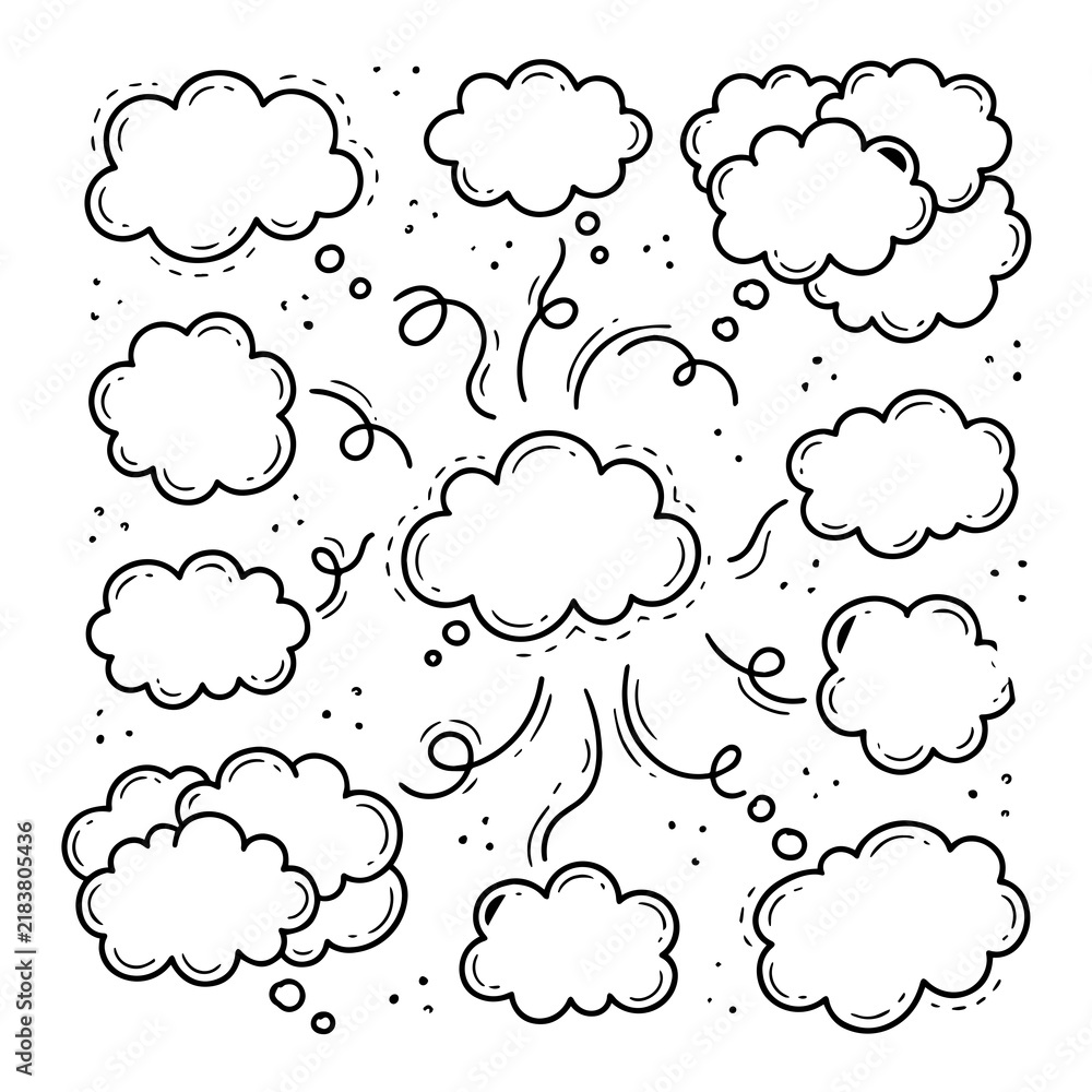 Obraz premium Set of various hand drawn speech bubbles and thought clouds, black and white line doodle style on white background