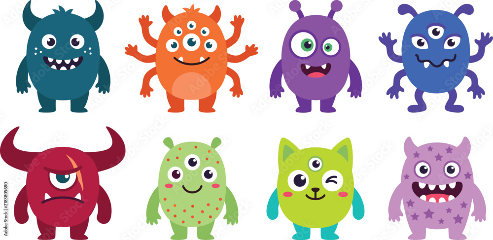 Fototapeta premium Colorful Cute Monster Character Collection with Fun Expressions for Kids Cartoon Designs