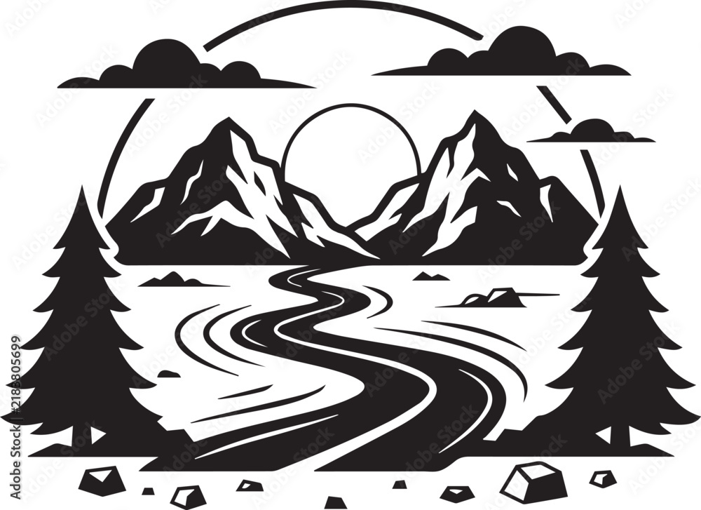 Fototapeta premium Mountain landscape with winding river and sun vector illustration isolated on white background, outdoor adventure t-shirt print emblem
