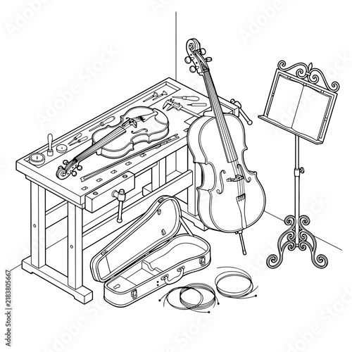 Quadro su tela Violin maker workshop scene with a cello, violin, tools, and music stand in an i