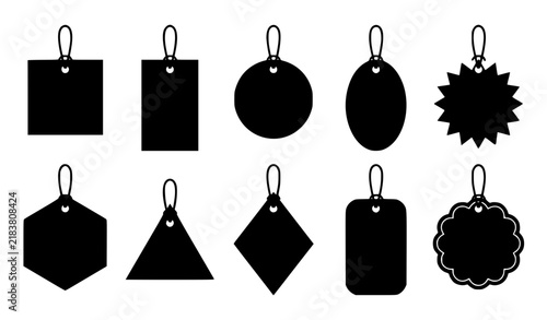 Black Hanging Tags in Various Shapes with Strings Silhouette Vector Set