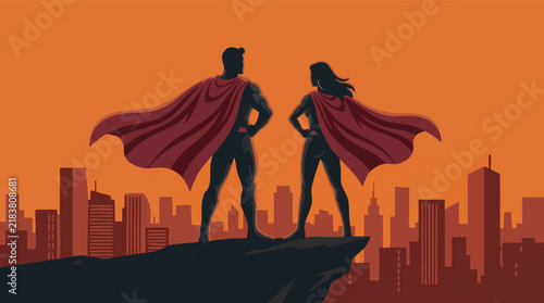 Bild auf Leinwand Heroic Duo on Cliff Edge with Cityscape Background at Sunset