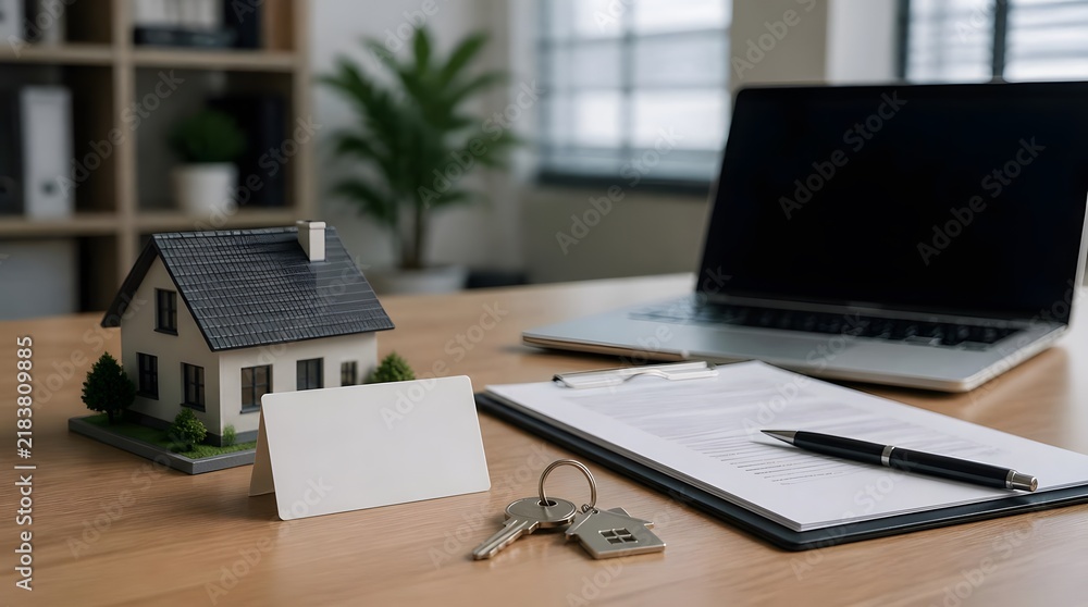 Fototapeta premium Real Estate Office Desk Scene with Miniature House Model