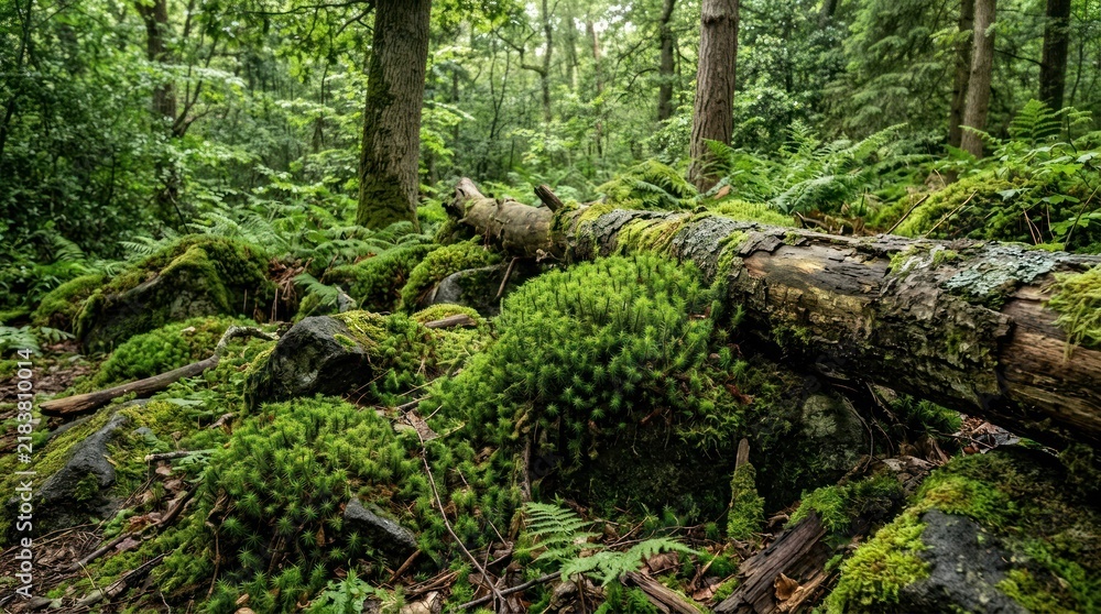 Obraz premium A forest floor with moss-covered rocks and logs. The natural environment concept of a forest floor with moss and logs.