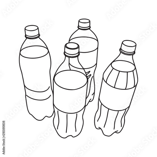 Four plastic water bottles in a simple black and white line drawing
