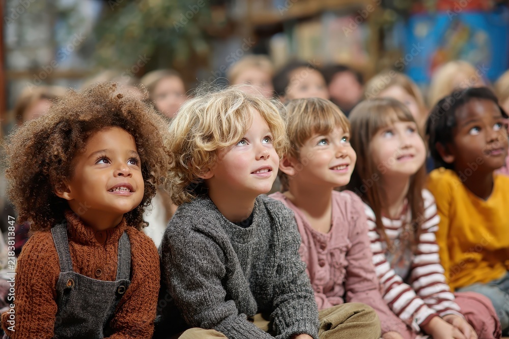 Fototapeta premium A group of diverse young children sits intently, looking up with curious expressions. This photo conveys youthful wonder, engagement, and the joy of learning.