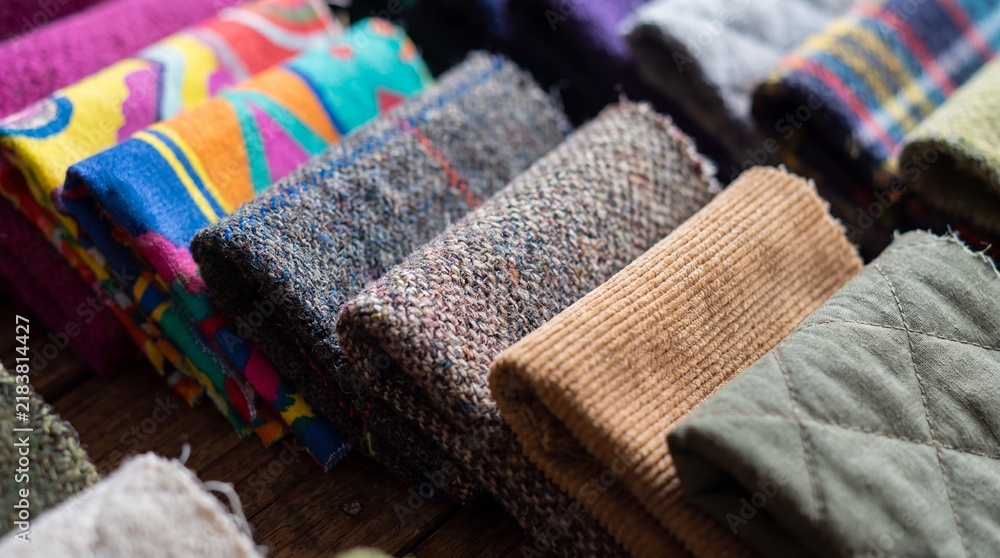 Obraz premium Textile swatches displaying diverse textures, patterns, and colors, representing fabric selection for fashion, upholstery, or interior design projects and crafts