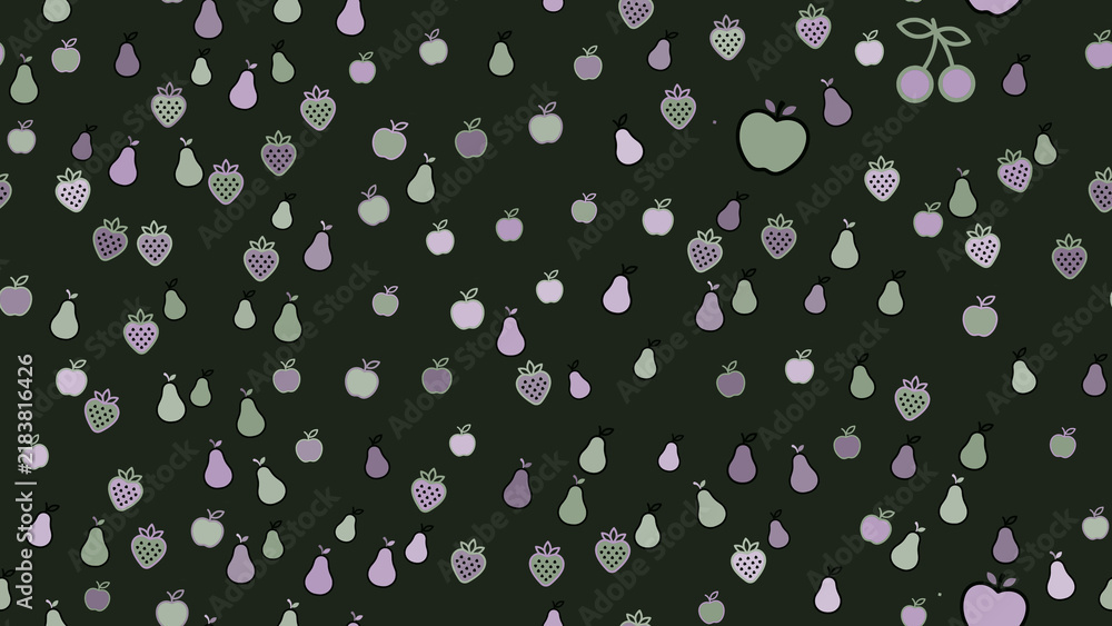 Seamless pattern of stylized fruits on a dark background
