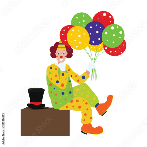 Colorful circus clown sitting on box and holding a bunch of festive balloons, isolated on a white background.Vector illustration for circus, carnival, birthday party, celebration.