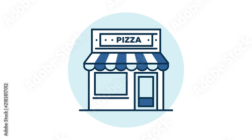 Pizza restaurant storefront icon with striped awning.