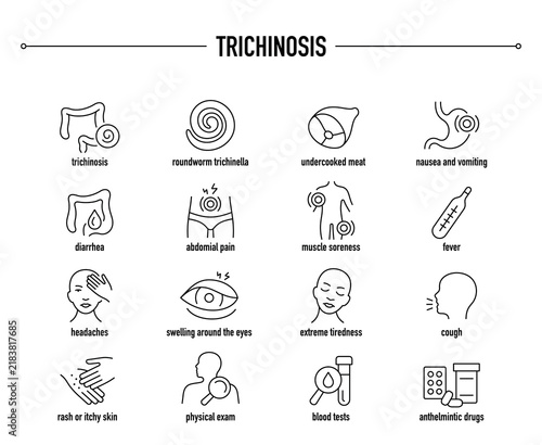 Trichinosis symptoms, diagnostic and treatment vector icon set. Line editable medical icons.