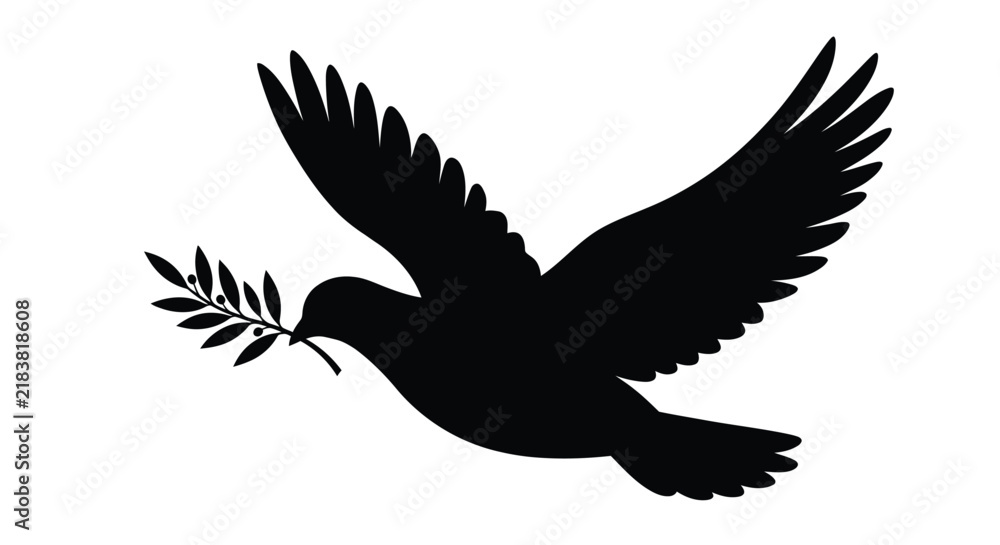 Fototapeta premium Black silhouette of a dove carrying an olive branch against a white background