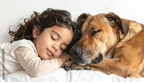 Child and Large Dog Napping Together Aerial View Cute Pet Bond