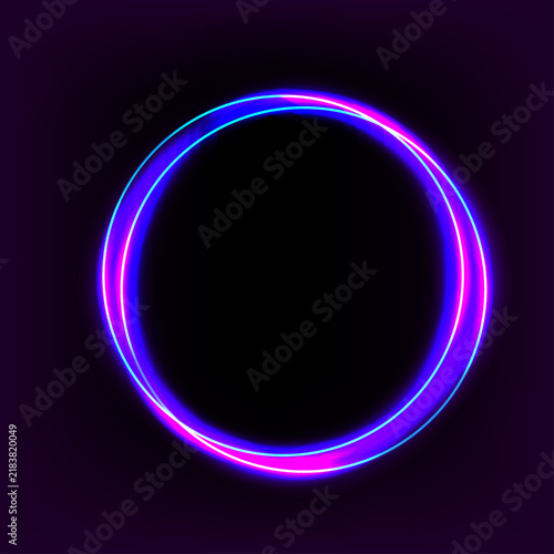 Abstract glowing neon circle frame with vibrant blue and purple light trails on black background