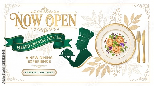 Restaurant opening banner features a chef silhouette and food.