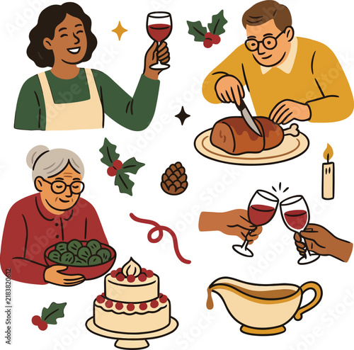 Diverse family enjoying festive holiday meal with roast turkey cake and wine family gathering