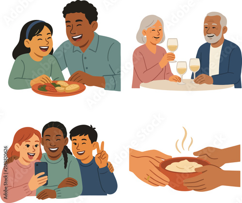 Diverse families and friends enjoying meals and taking selfies family dinner lunch