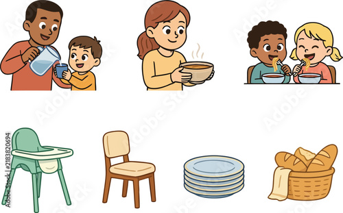 Diverse family enjoying meals together with food and dining father mother daughter