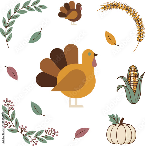 Thanksgiving harvest with turkeys corn pumpkin wheat and leaves