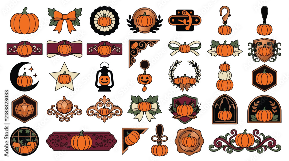Fototapeta premium Vintage Halloween Pumpkin vector elements collection. Retro autumn festival design set. Ornate labels, ribbons and decorations. Harvest party graphics. isolated PNG with Transparent Background