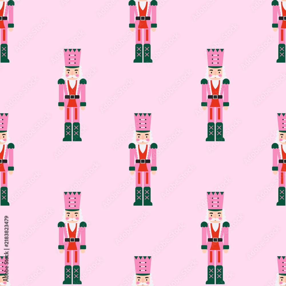 Obraz premium Seamless pattern of wooden nutcracker soldier toys on light pink background. Cute Christmas character backdrop suitable for festive wrapping paper holiday textiles and party decor.