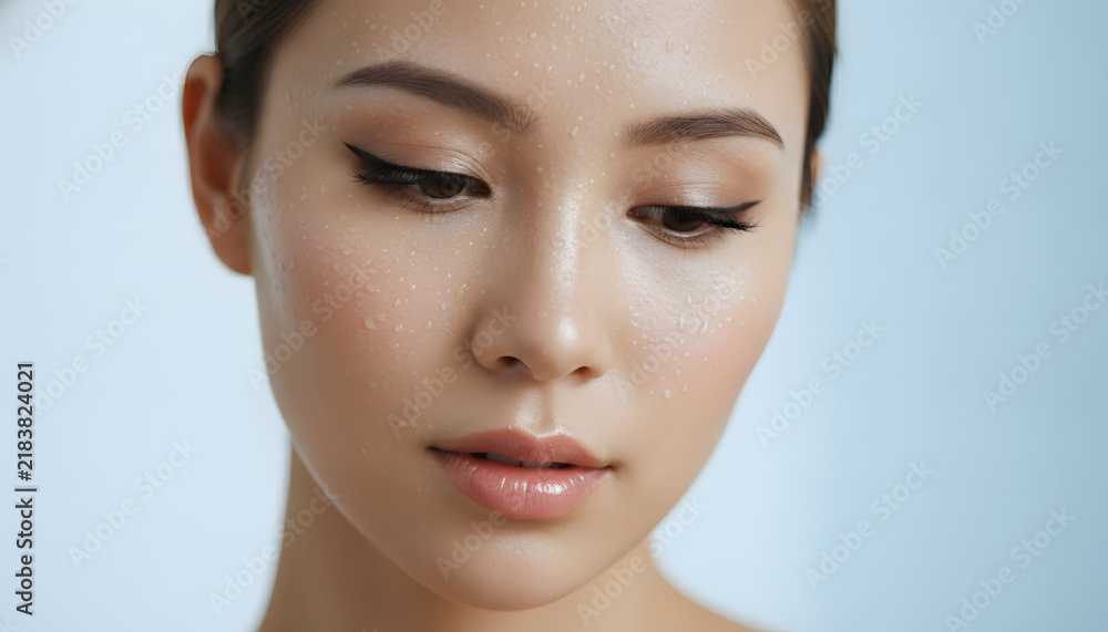Fototapeta premium Photorealistic close-up portrait of a pure and luminous female beauty model