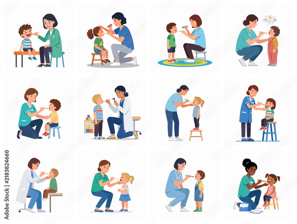 Fototapeta premium Pediatrician Examining Children Throats Flat Vector Medical Checkup Set