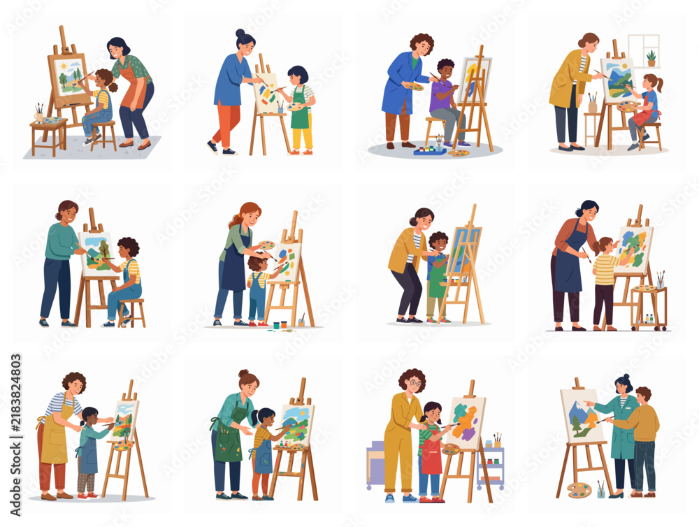 Fototapeta premium Art Teacher Mentoring Children Painting On Easels Illustration Set