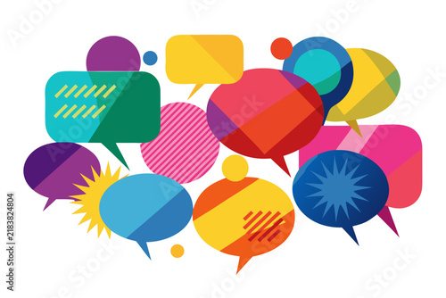 Colorful speech bubble vector graphic design featuring various modern shapes