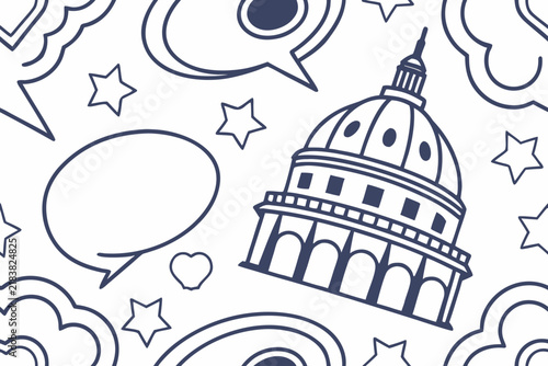 Capitol building vector illustration with speech bubbles and star pattern design