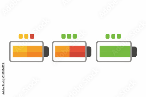 Battery status indicator vector graphic showing different energy level stages