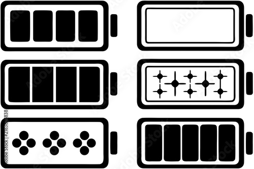 Set of black battery charge level indicators vector graphic icons