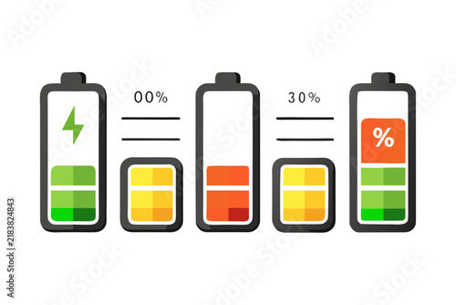 Colorful battery level indicator vector graphic icons for digital devices
