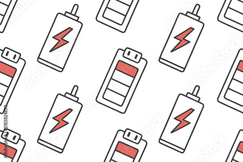Minimalist vector illustration showing repeating battery icons with red details