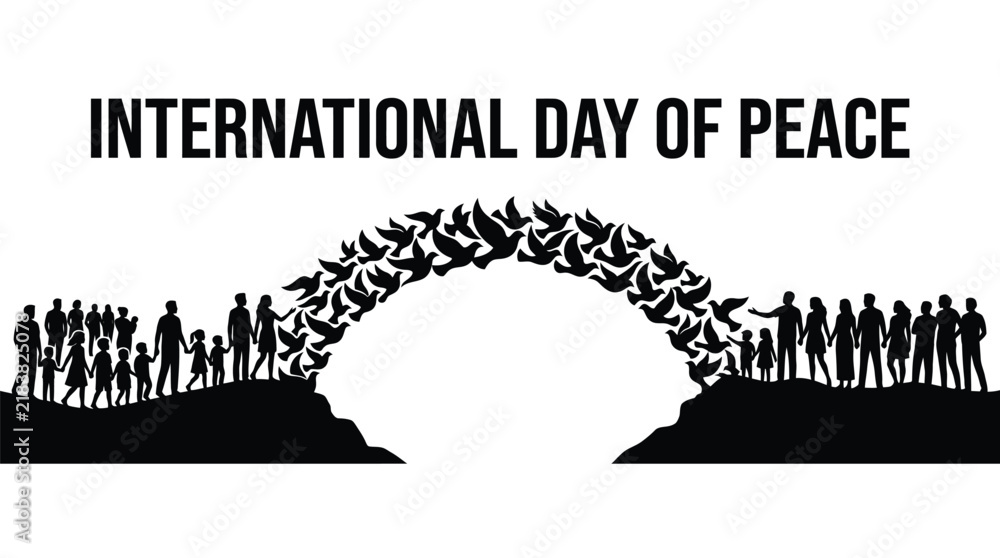 Fototapeta premium International day of peace silhouette design featuring diverse people and soaring doves forming arched shape bridge