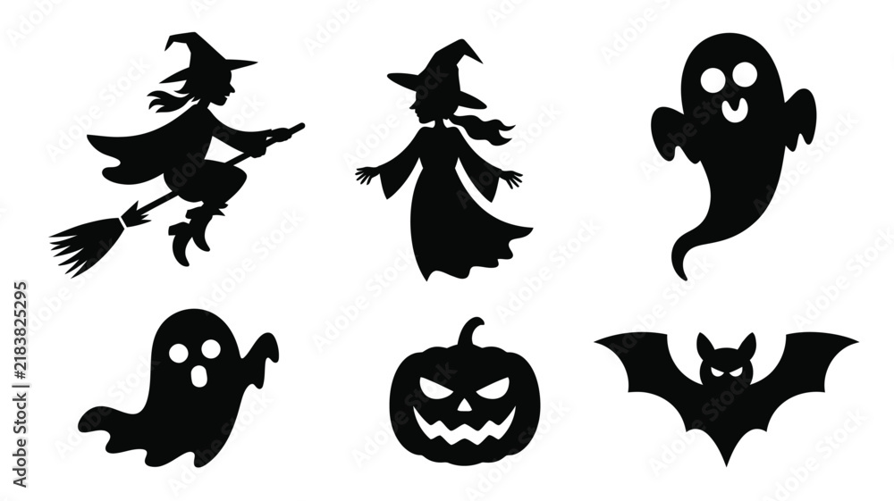 Fototapeta premium A set of six halloween featuring black silhouettes of a witch on a broomstick, a standing witch, a ghost, a second ghost, a jack-o-lantern, and a bat, isolated on white