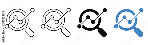 Analytics icon featuring magnifying glass and line chart symbol for data analysis business intelligence statistics research and reporting.