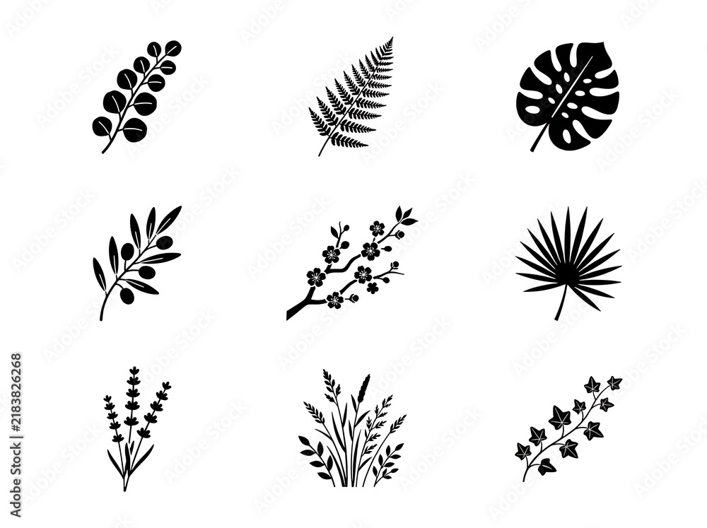 Obraz premium Black botanical icons set featuring various tropical leaves and floral plant silhouettes.