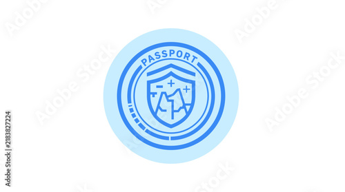 Blue passport shield emblem icon.