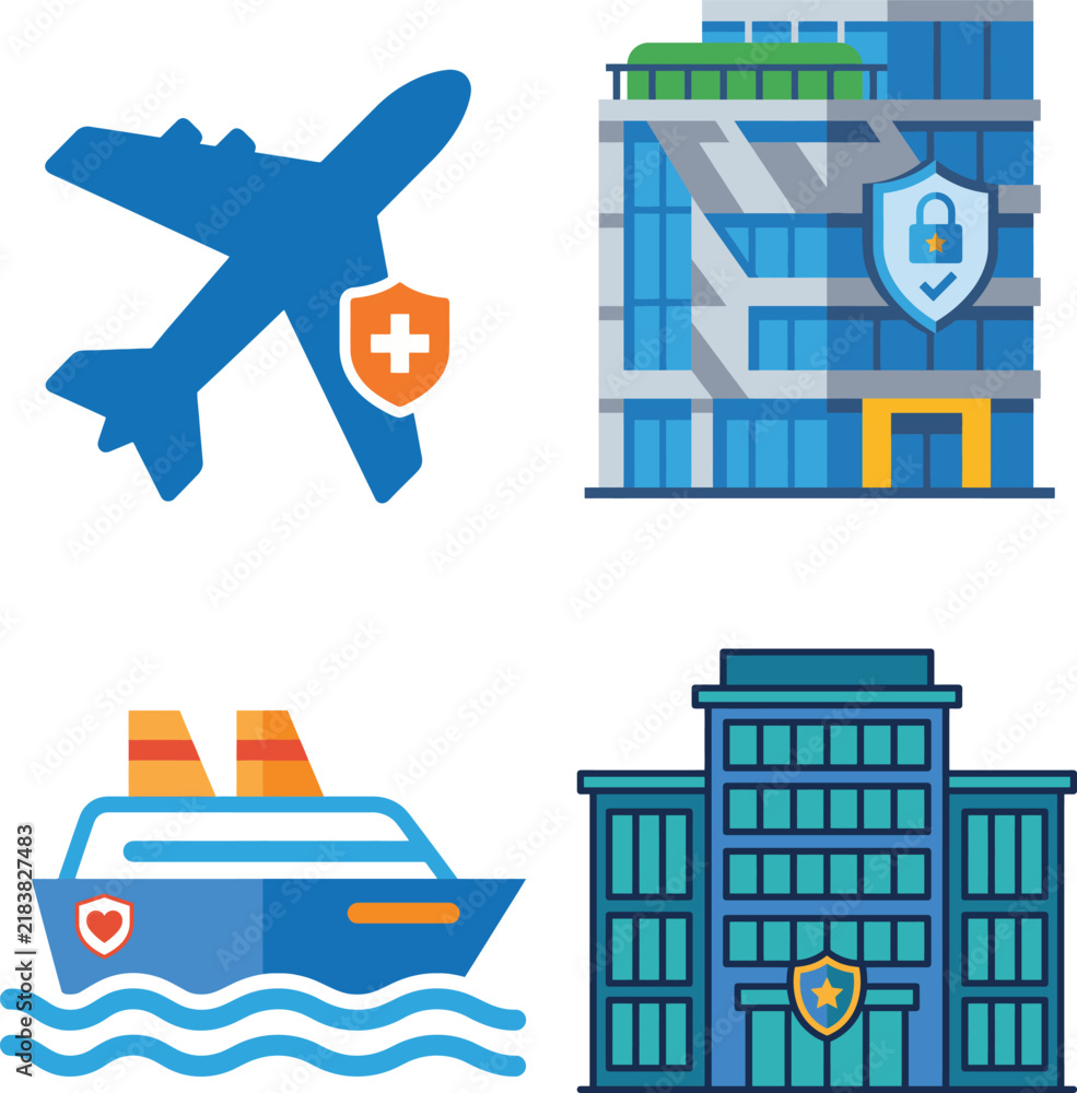 Obraz premium Set of flat vector icons depicting travel insurance and building protection concepts